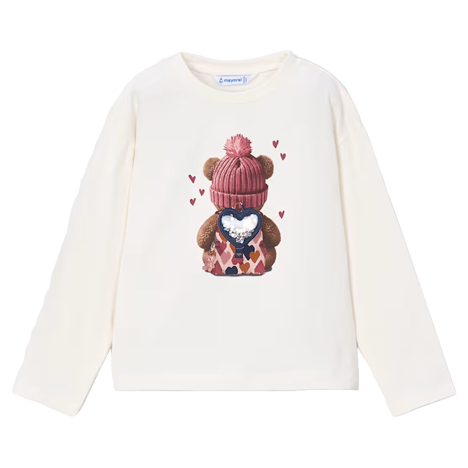 Girls White Teddy Bear Long Sleeve Top, 3, hi-res