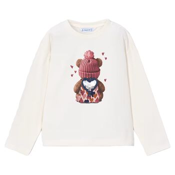 Girls White Teddy Bear Long Sleeve Top