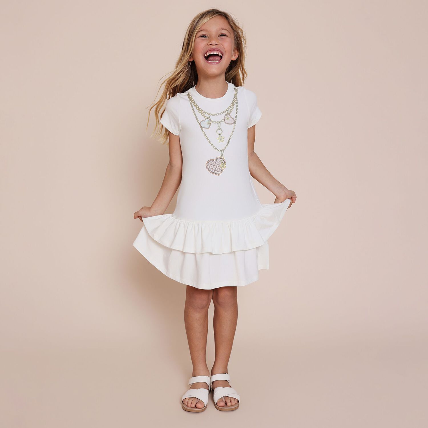 Girls Ivory Necklace Logo Dress, 1, hi-res