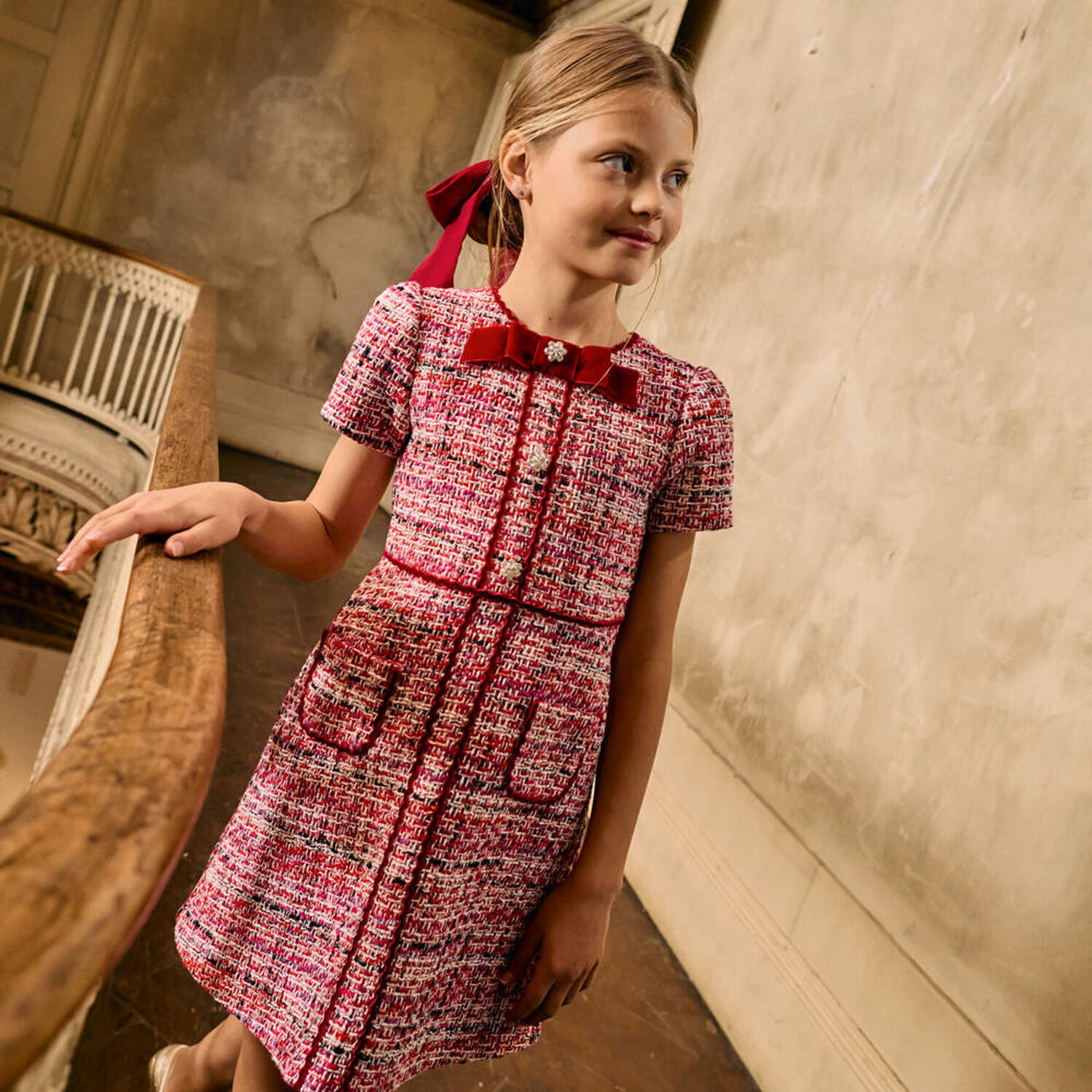 Girls Red Bow Tweed Dress, 1, hi-res