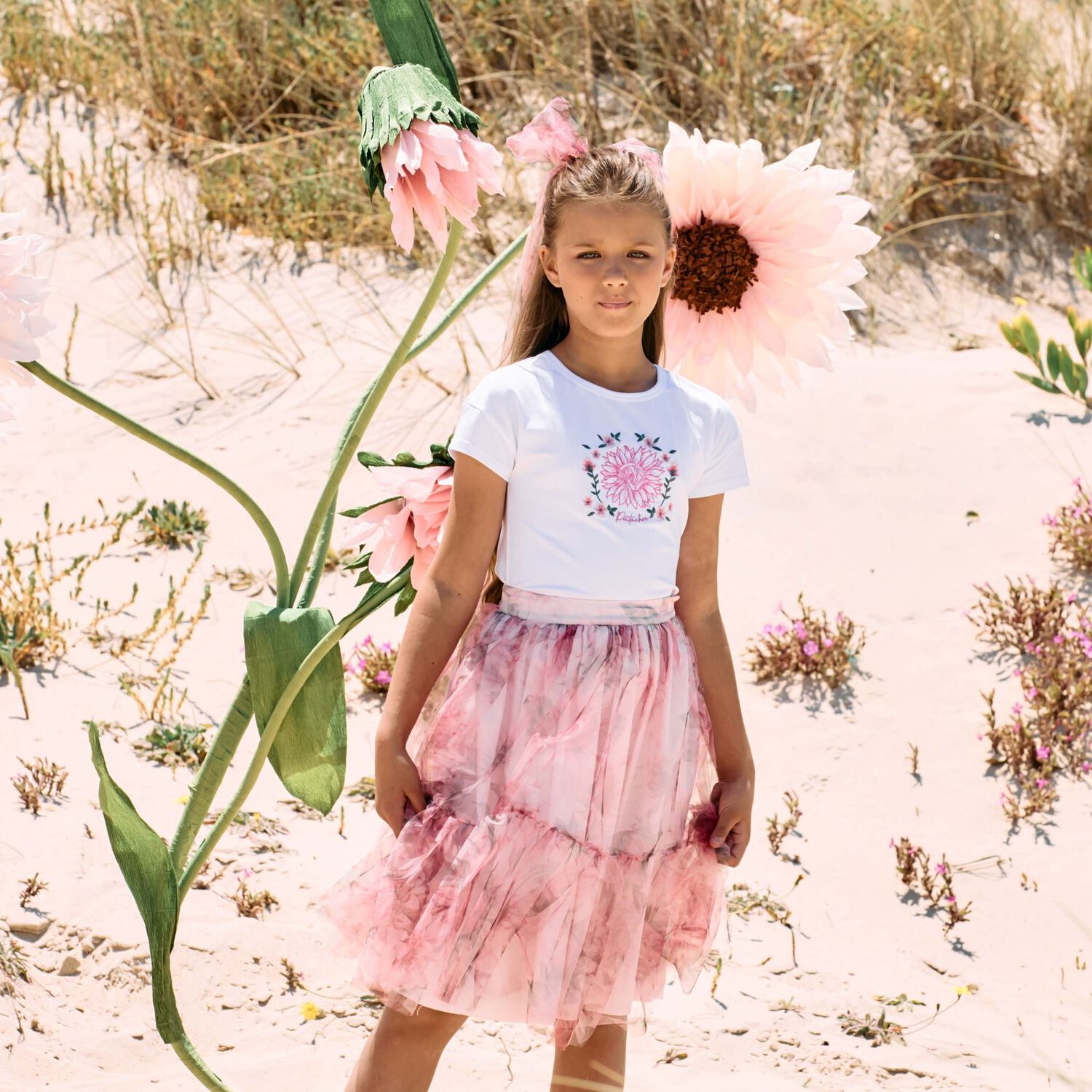 Girls White & Pink Floral Tulle Skirt Set, 1, hi-res image number null