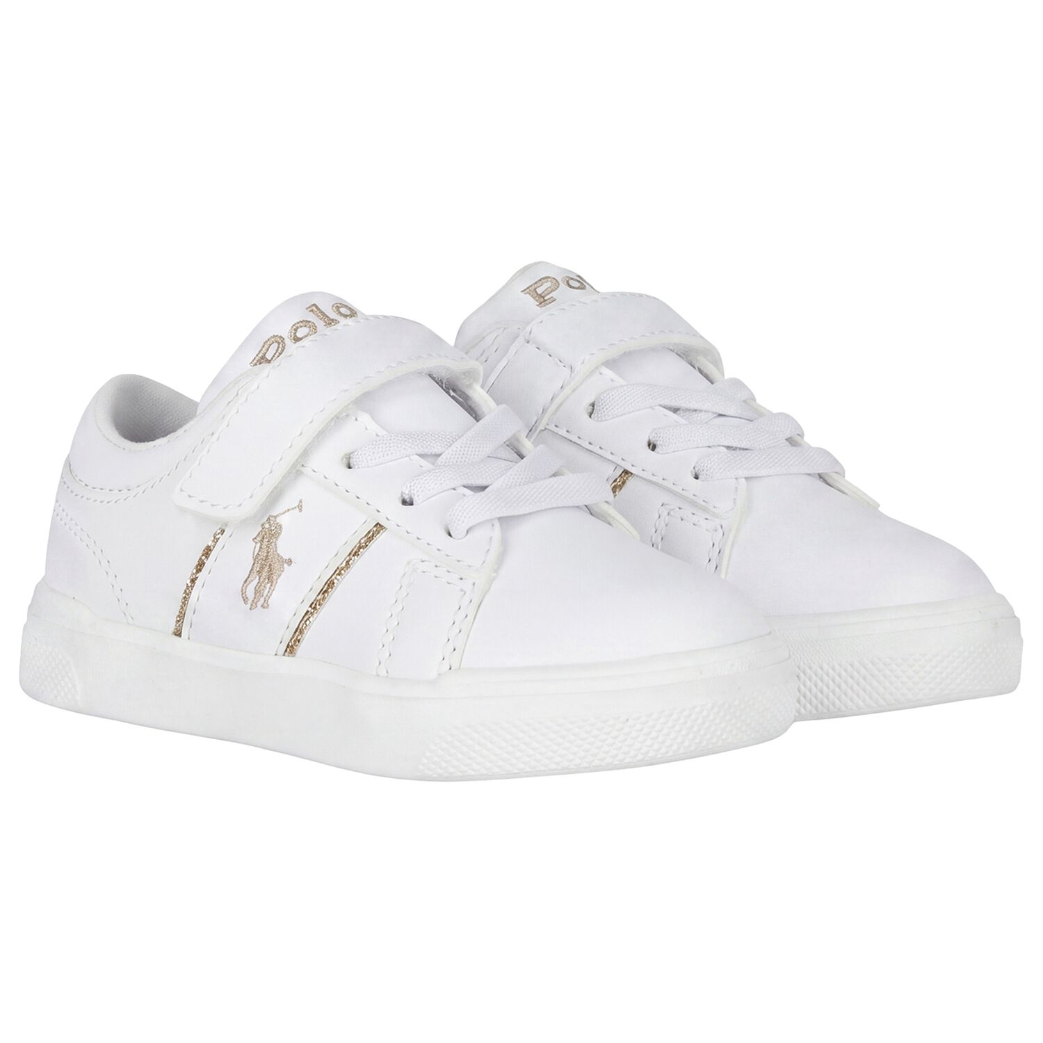 Younger Girls White & Gold Logo Trainers, 1, hi-res