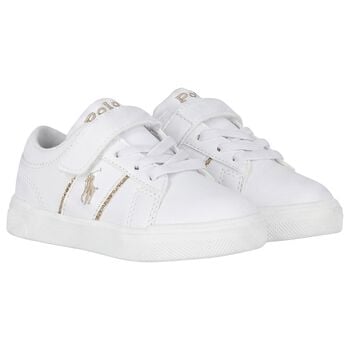 Younger Girls White & Gold Logo Trainers