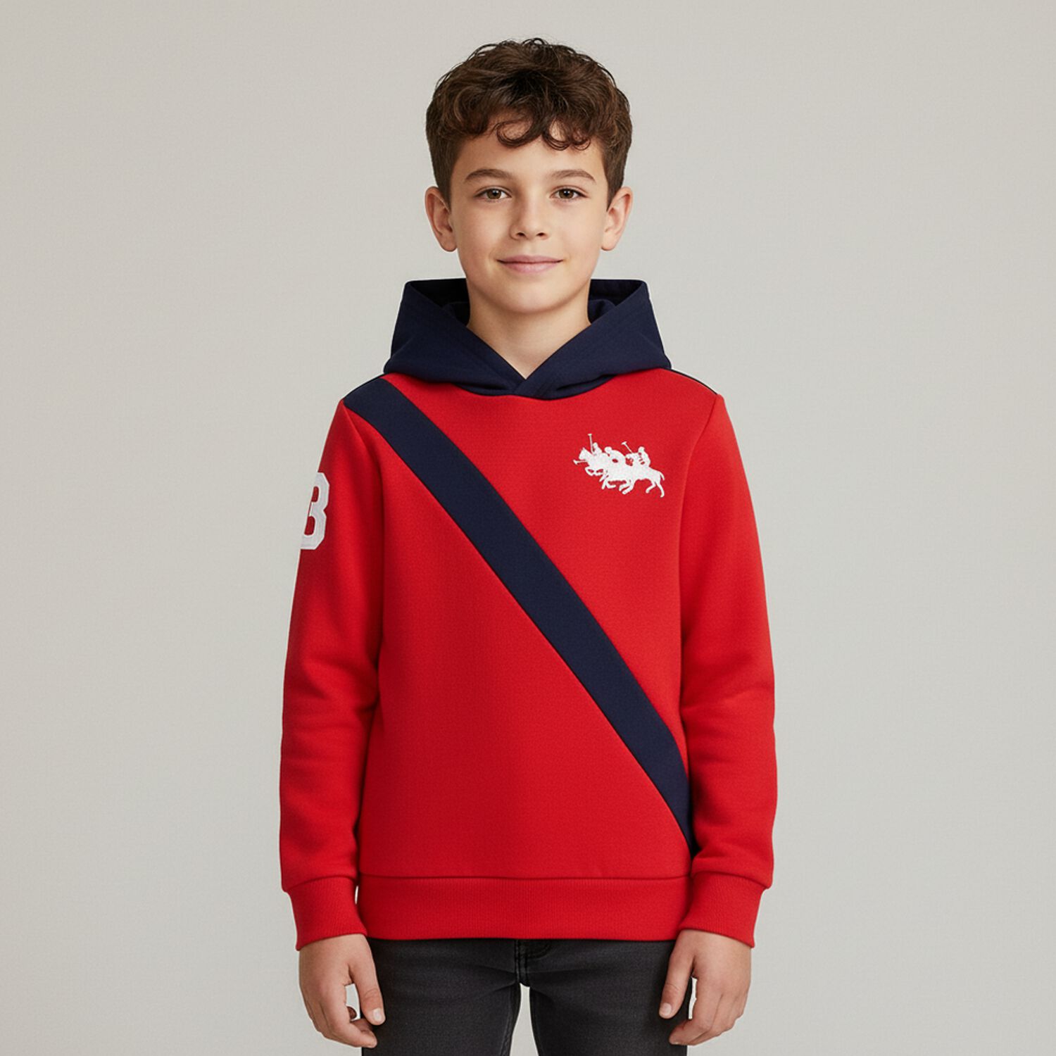 Boys Red & Navy Blue Logo Hooded Top, 1, hi-res