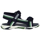 Boys White, Green & Navy Blue Logo Sandals, 2, hi-res
