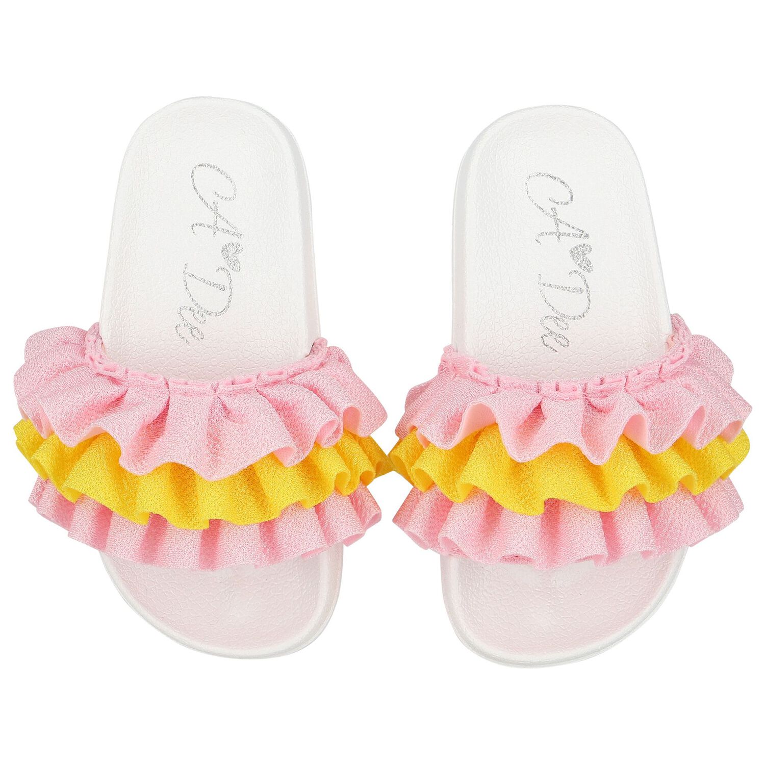 Girls Pink & Yellow Ruffle Sliders, 2, hi-res