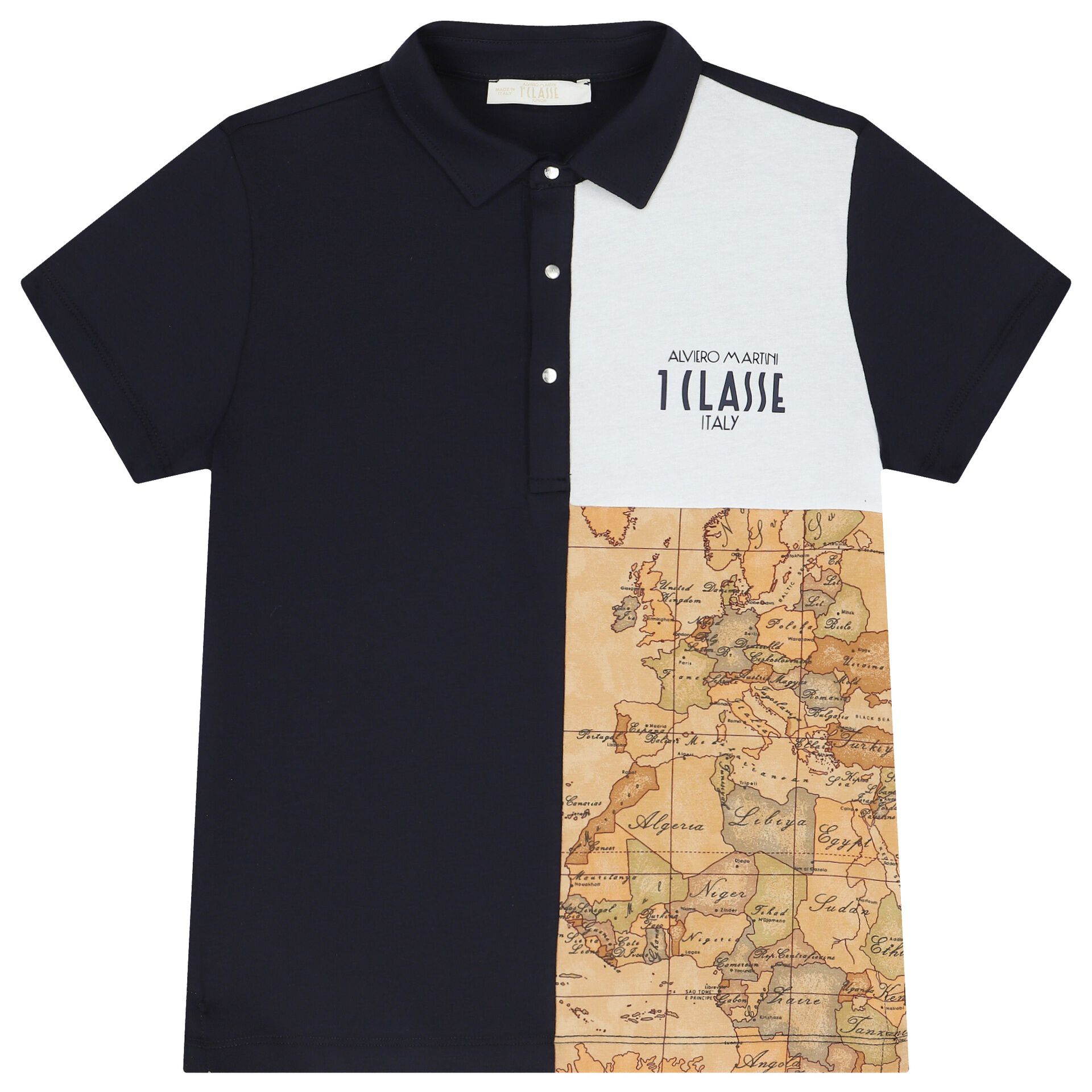 Alviero Martini Boys Navy Blue White Beige Logo Polo Shirt Junior Couture UK