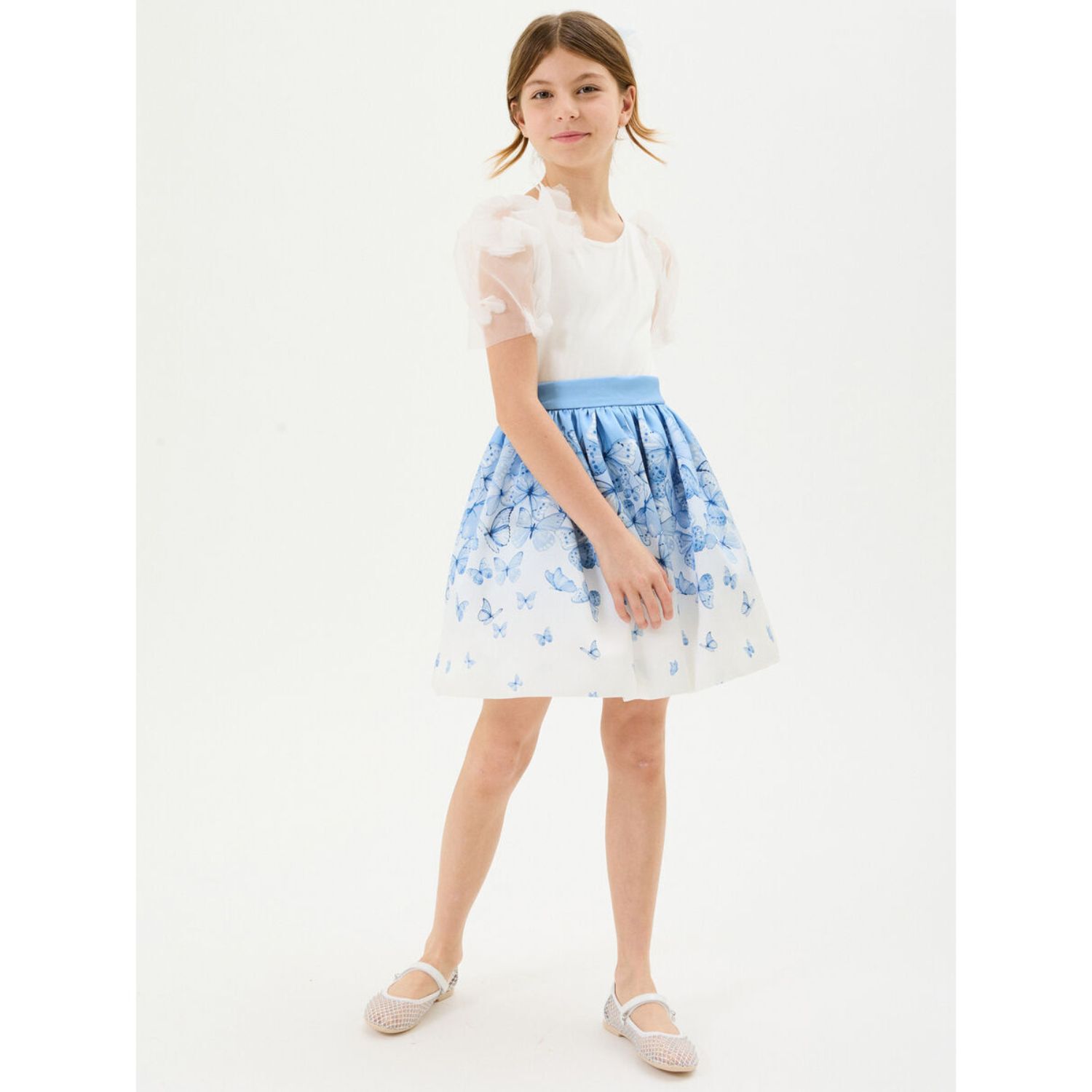 Girls White & Blue Butterfly Skirt Set, 1, hi-res image number null