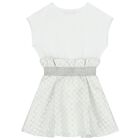 Girls White & Silver Logo Jacquard Dress, 1, hi-res