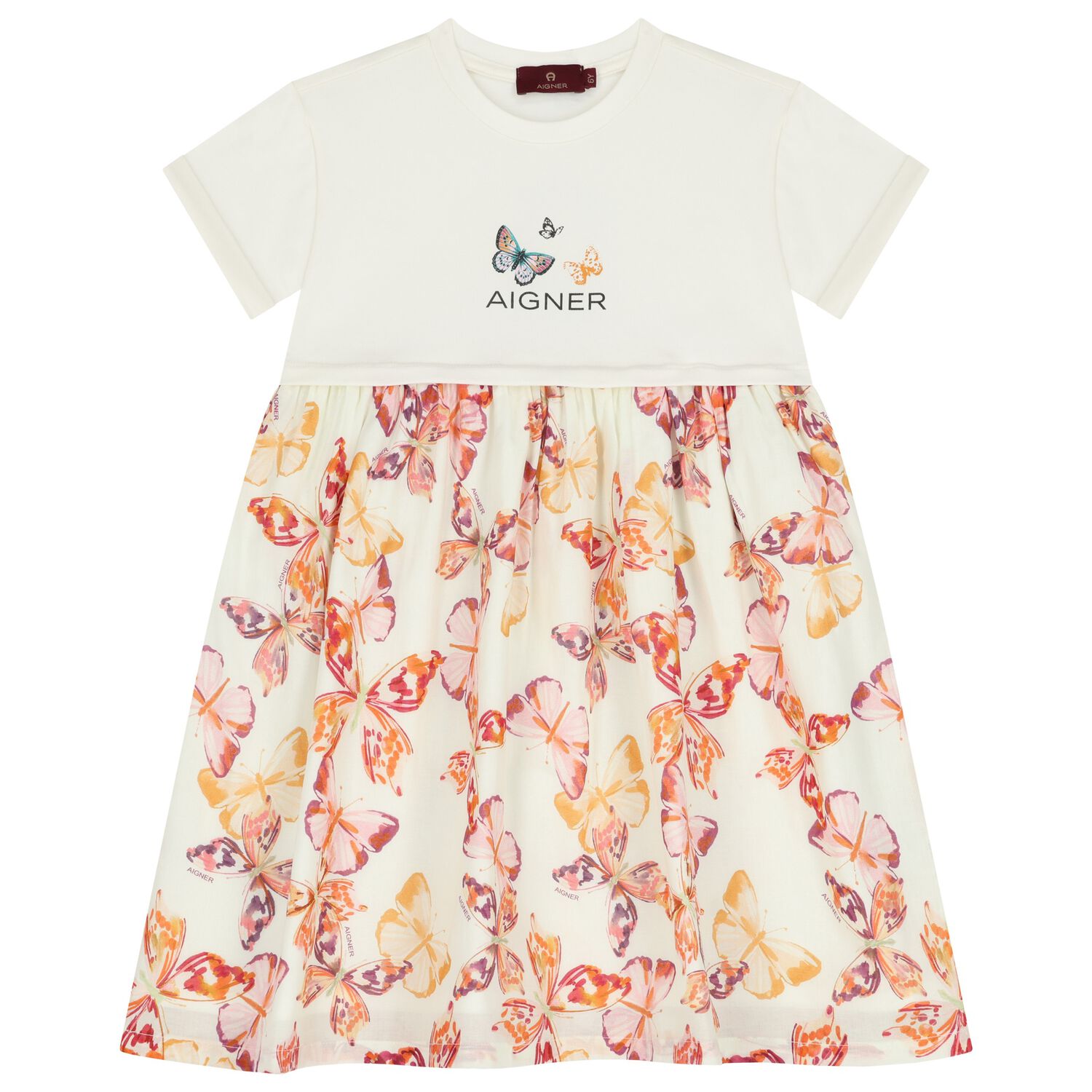 Girls Ivory & Pink Butterflies Logo Dress, 2, hi-res