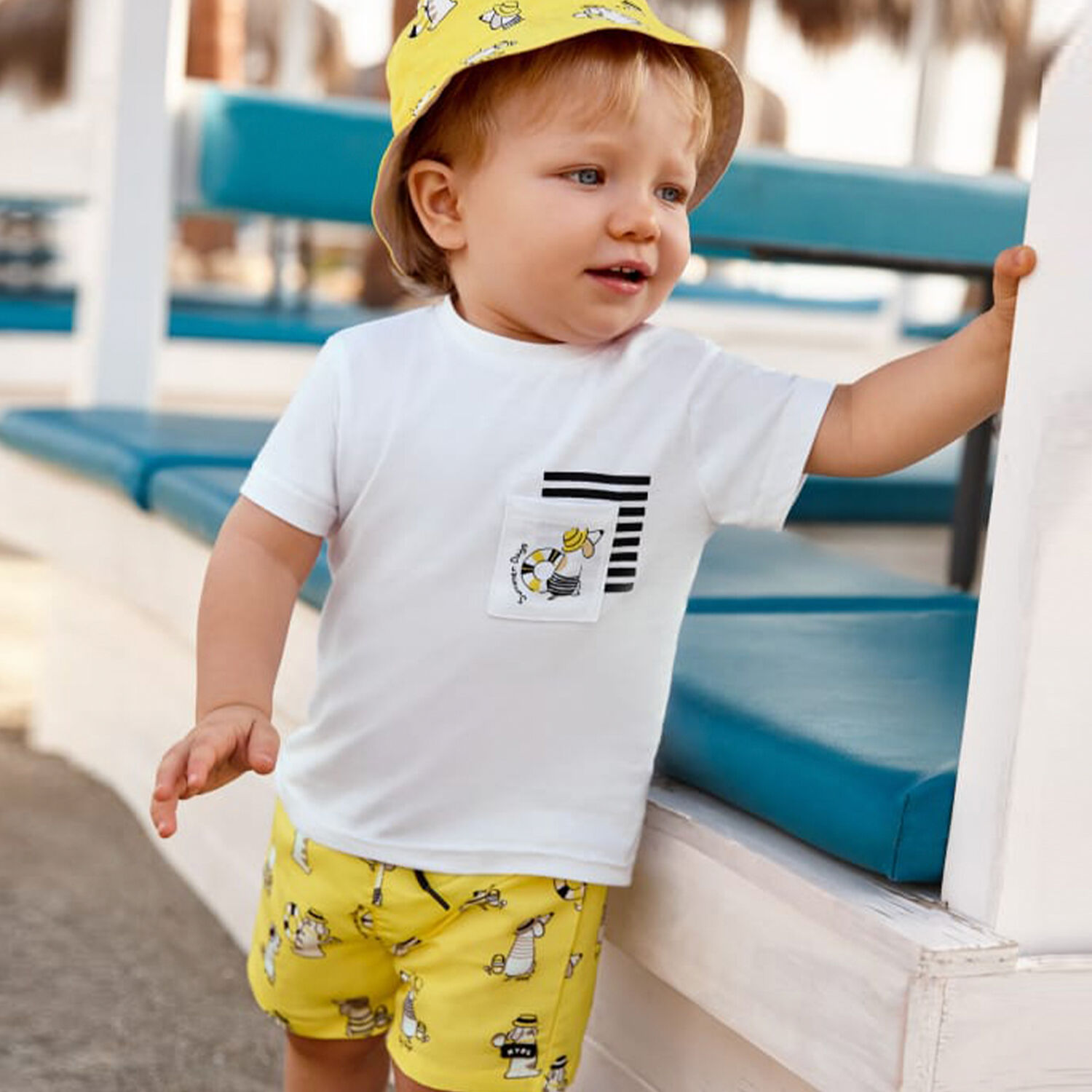 Younger Boys White & Yellow Shorts Set, 1, hi-res