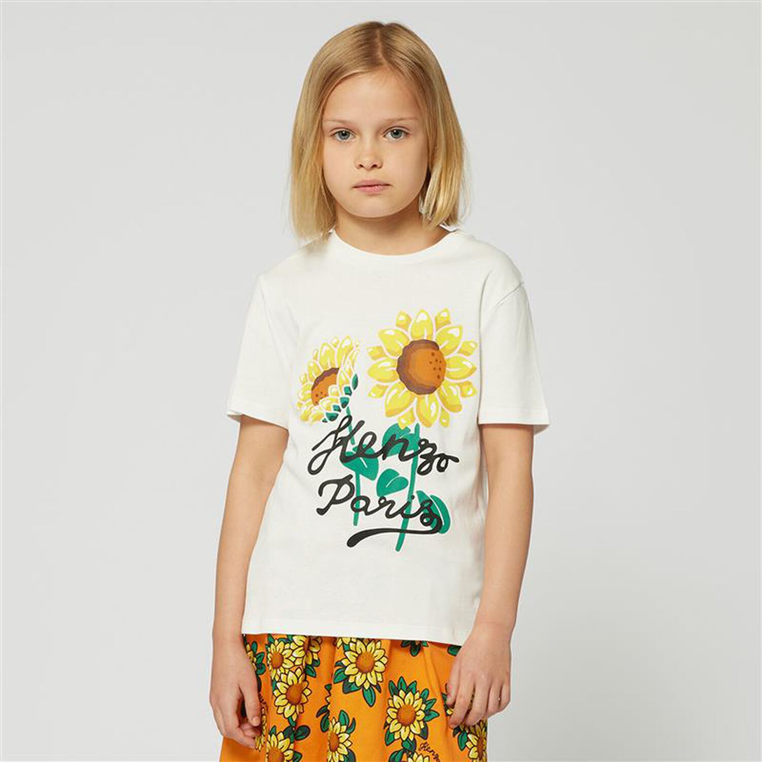 Girls Ivory Sunflower Logo T-Shirt, 1, hi-res