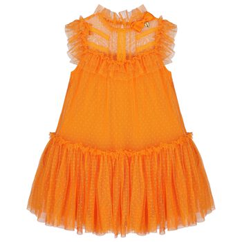 Girls Orange Dotted Tulle Dress