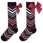 Girls Multi-Coloured Satin Bow Zig Zag Knee High Socks, 1, hi-res