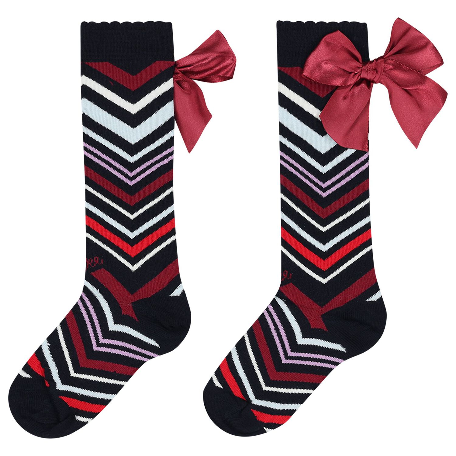 Girls Multi-Coloured Satin Bow Zig Zag Knee High Socks, 1, hi-res