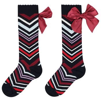 Girls Multi-Coloured Satin Bow Zig Zag Knee High Socks