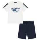 Boys White & Navy Blue Shorts Set, 1, hi-res