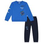 Boys Blue & Navy Blue Dinosaur Tracksuit, 1, hi-res