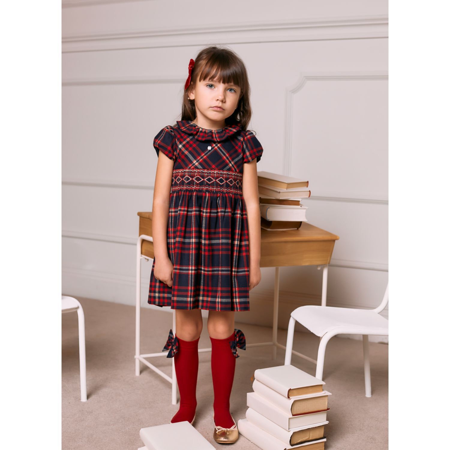 Girls Navy Blue Tartan Smocked Dress, 1, hi-res image number null