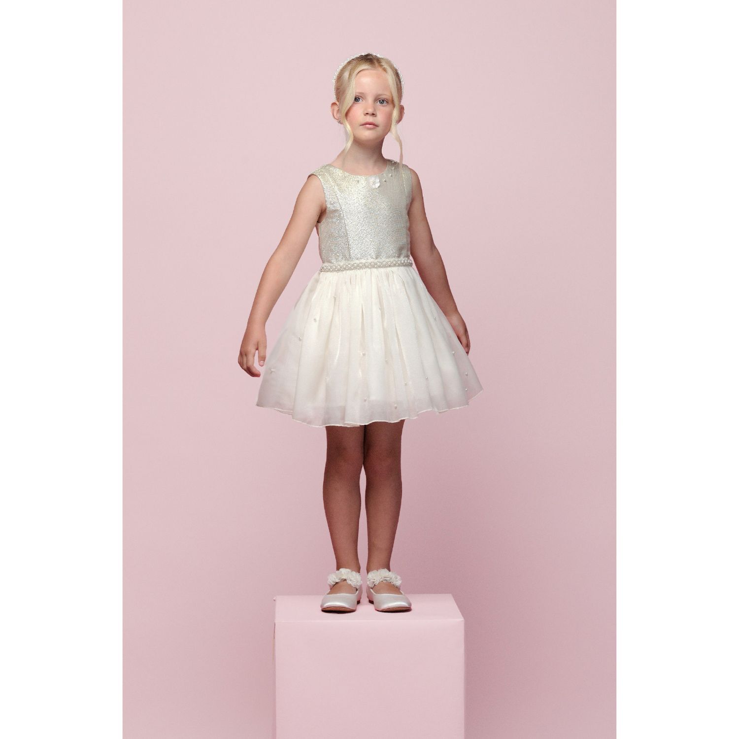 Girls Ivory & Gold Pearl Dress, 1, hi-res image number null