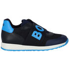 Boys Navy Blue & White Logo Trainers, 1, hi-res