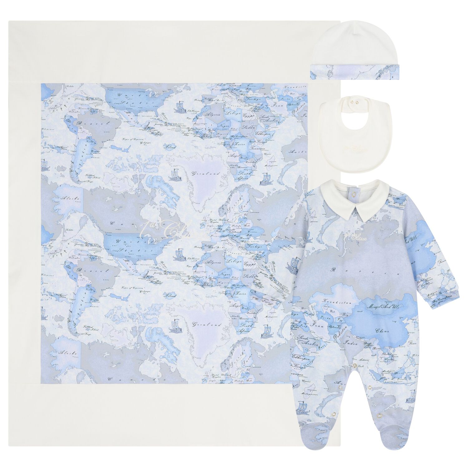 Baby Boys Ivory & Blue Geo Map Babygrow Gift Set, 1, hi-res