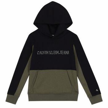 Boys Black & Khaki Logo Hooded Top