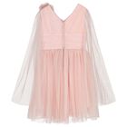 Girls Pink 3D Flower Tulle Cape Dress, 1, hi-res