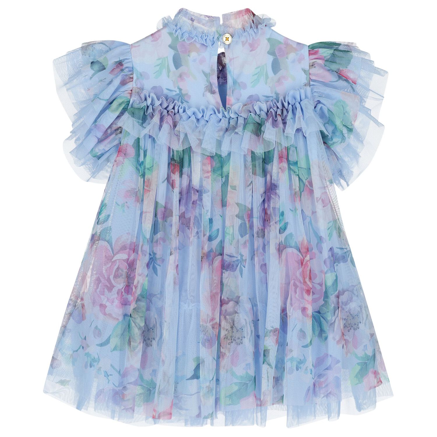 Baby Girls Blue Floral Tulle Dress , 1, hi-res