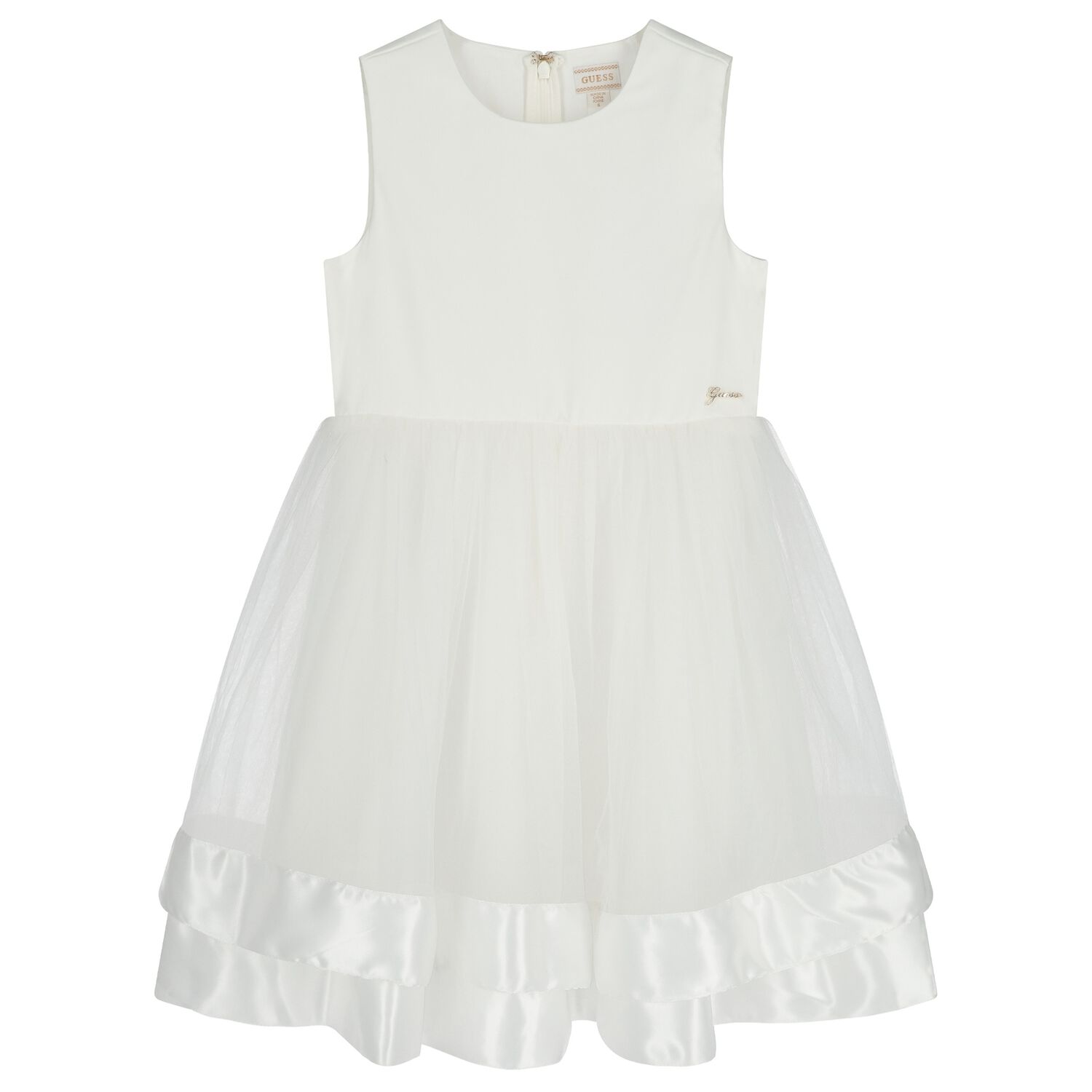 Girls White Satin & Tulle Dress, 1, hi-res