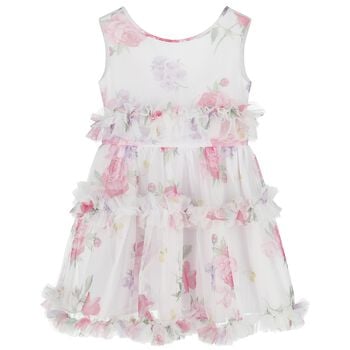 Girls White Floral Tulle Dress