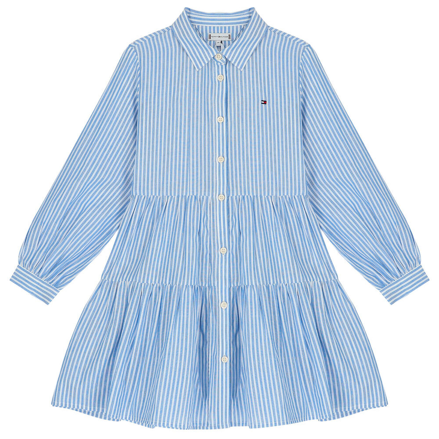 Girls Blue & White Logo Striped Dress, 1, hi-res