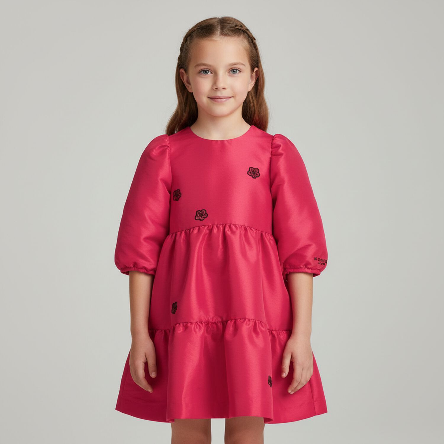 Girls Pink Flower Tiered Dress, 1, hi-res