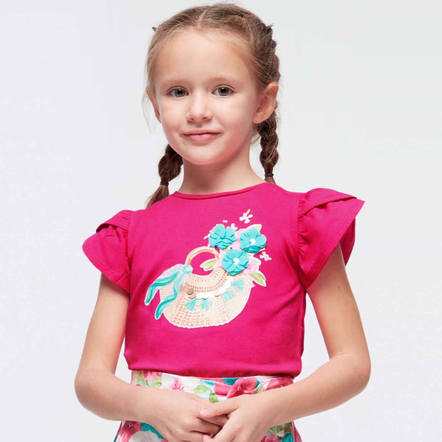 Girls Pink Flower & Bag T-Shirt, 1, hi-res