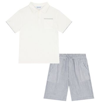 Boys White & Navy Striped Shorts Set