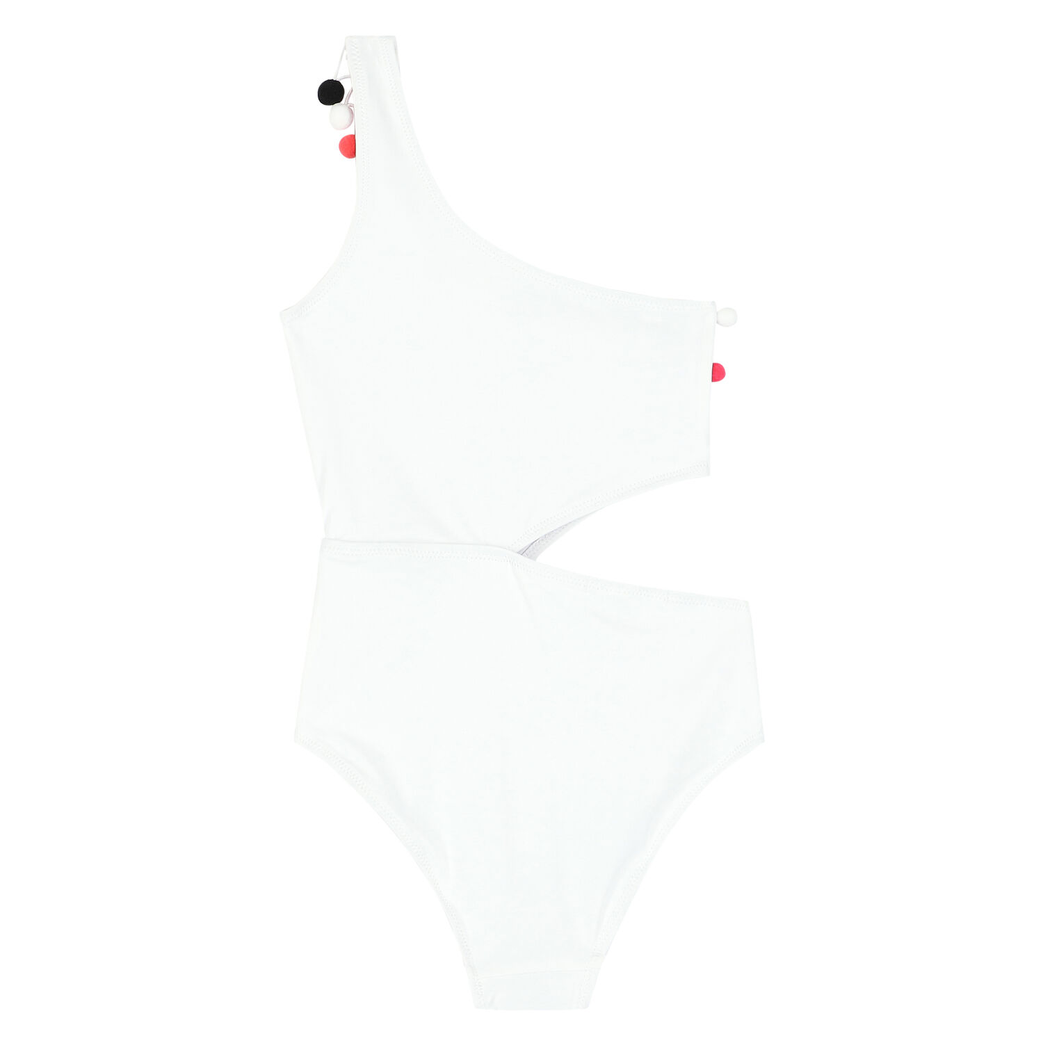 Girls White Pom-Pom Swimsuit, 1, hi-res