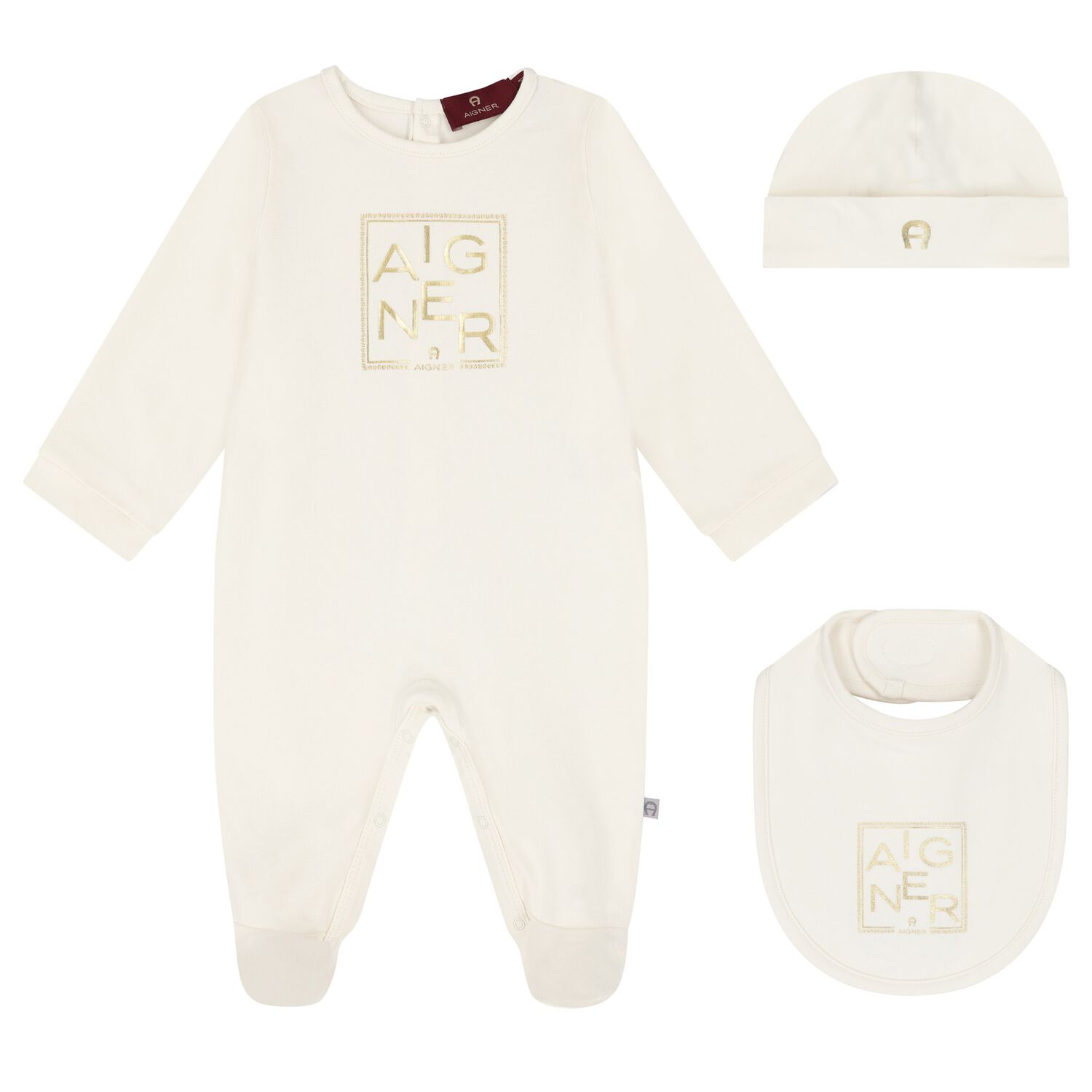 Ivory & Gold Logo Baygrow, Hat & Bib Gift Set, 1, hi-res