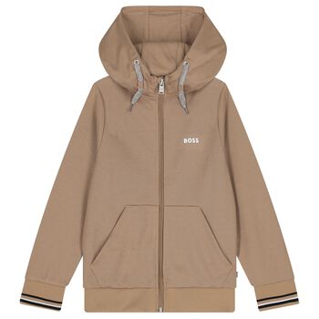 BOSS Boys Beige Logo Hooded Zip Up Top, 2 Boys Beige Logo Hooded Zip Up Top