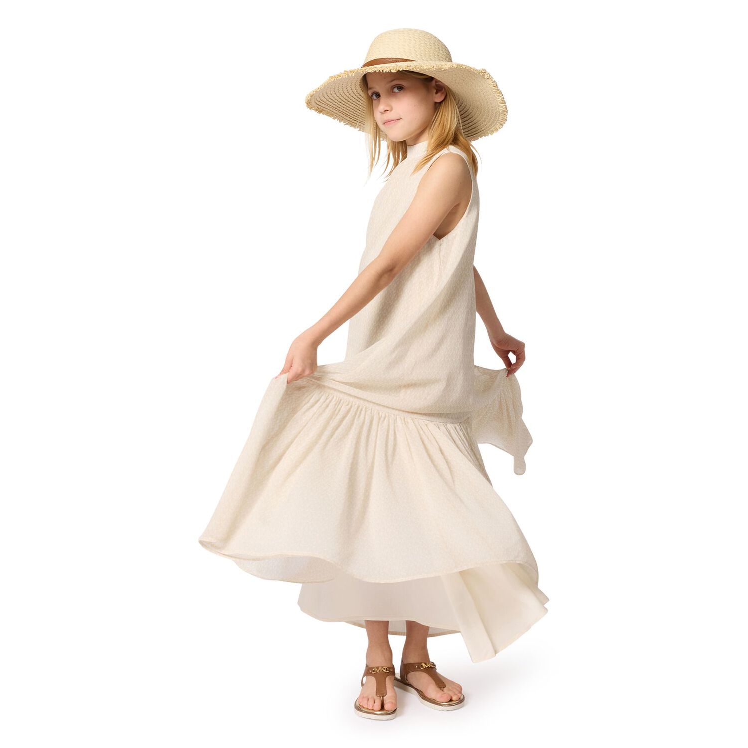 Girls Beige Logo Sleeveless Dress, 1, hi-res