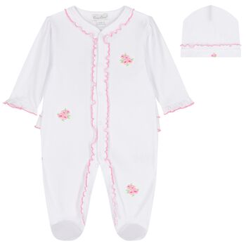 Baby Girls White & Pink Roses & Blooms Babygrow Set