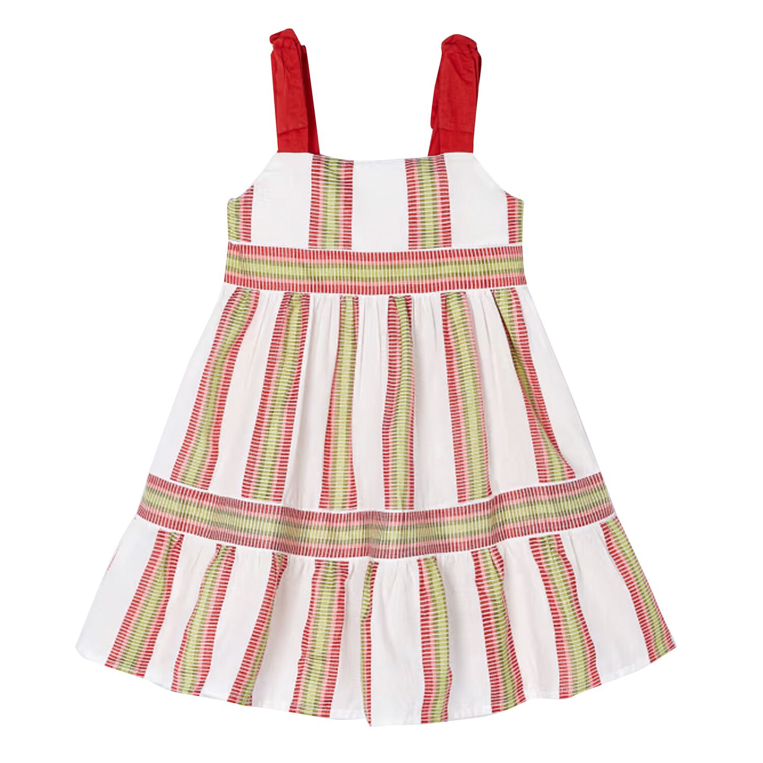Girls White, Pink & Green Striped Dress, 1, hi-res