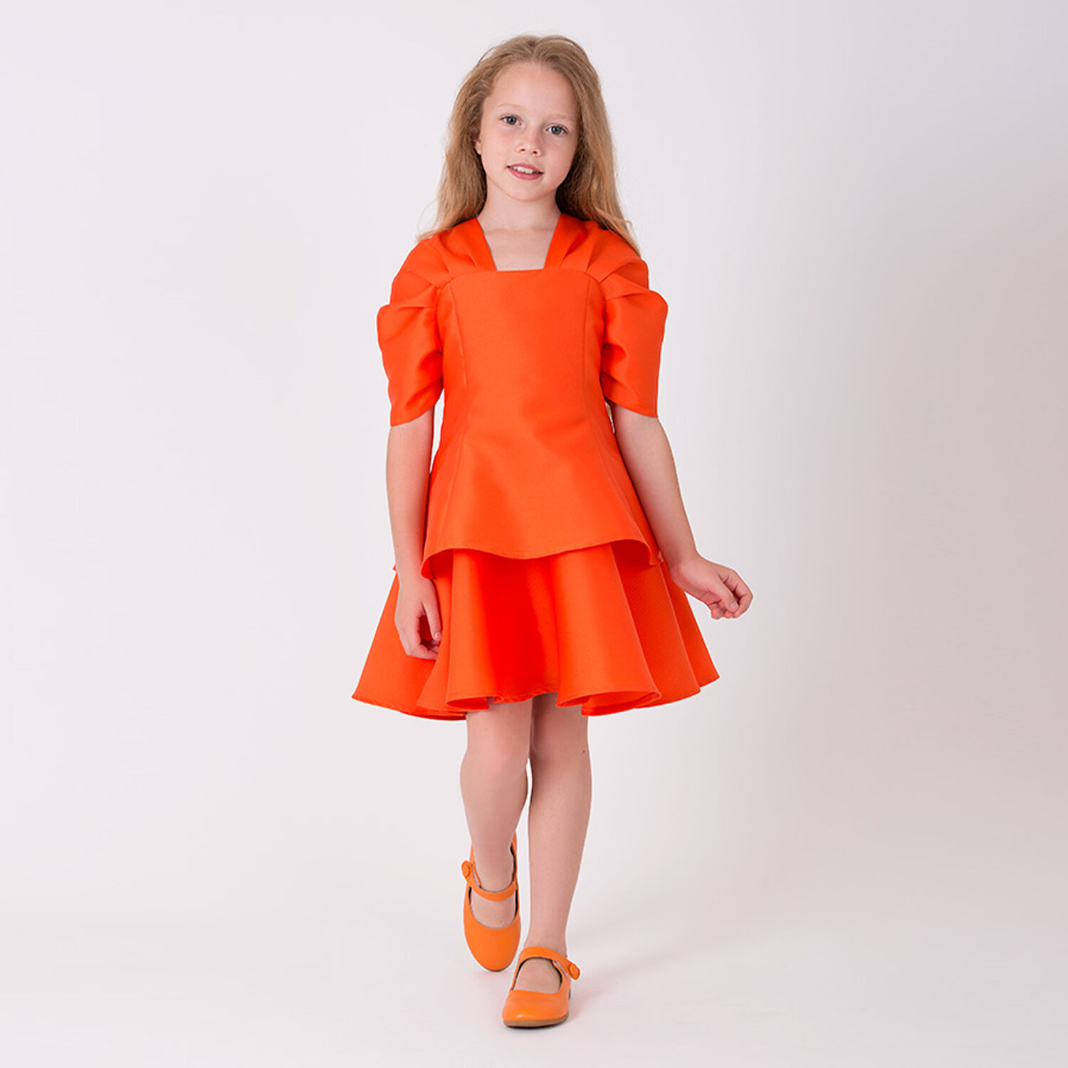 Girls Orange Flared Dress, 1, hi-res