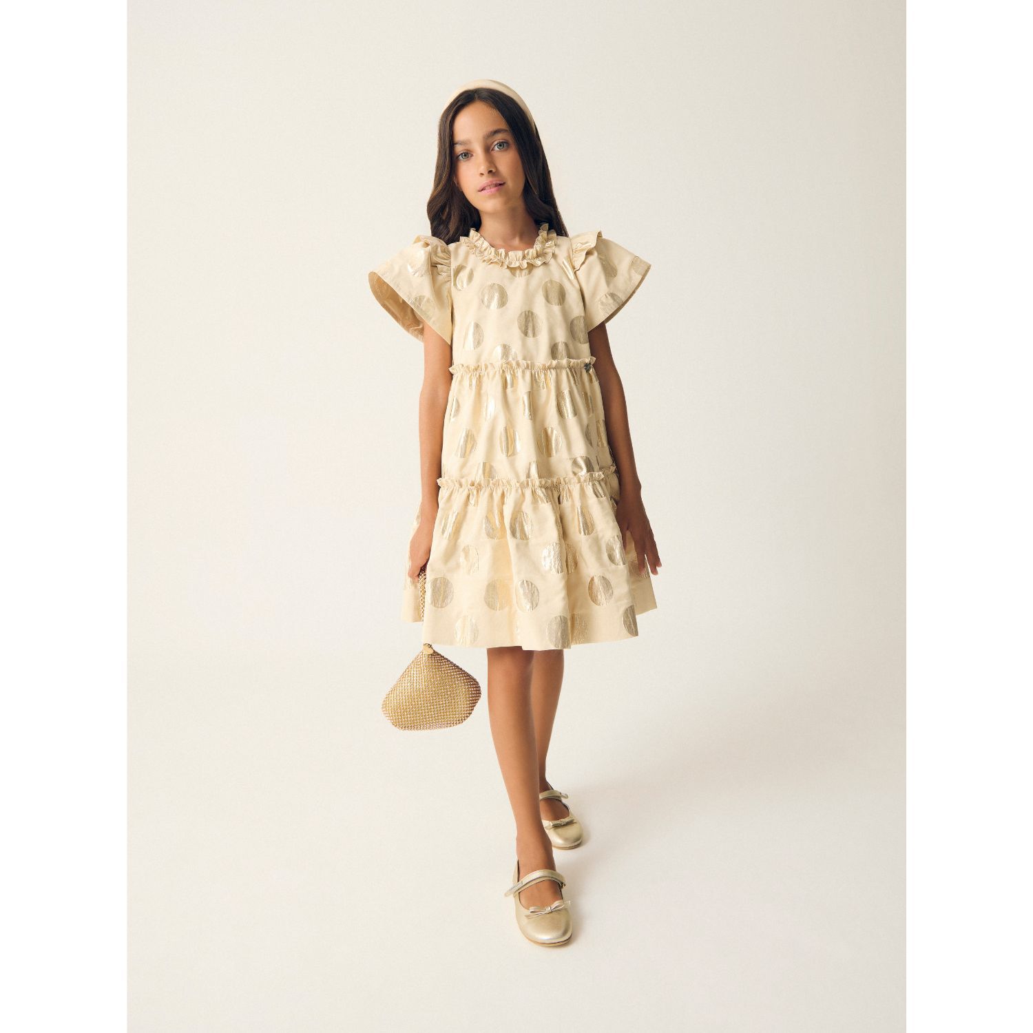 Girls Gold Ruffled Dress, 1, hi-res