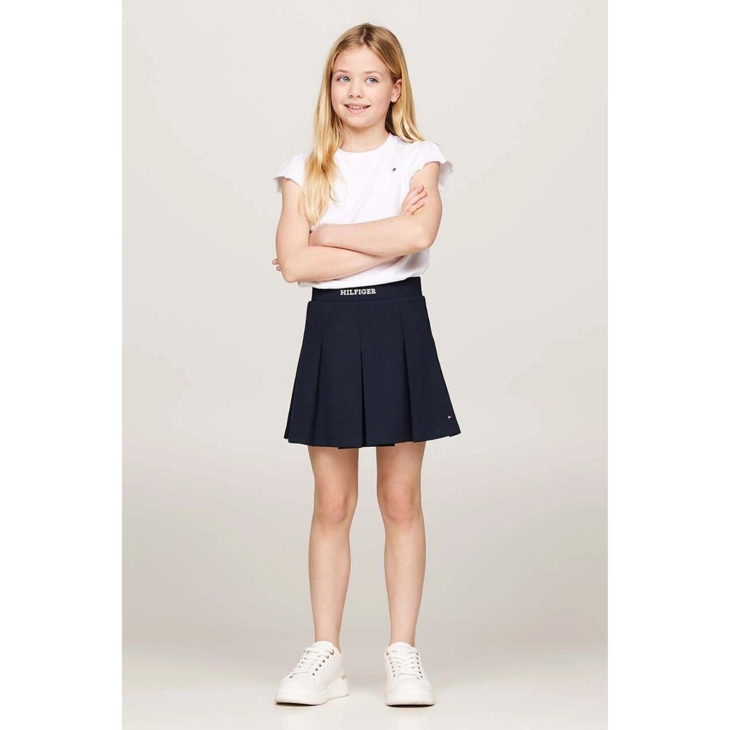 Girls Navy blue Logo Pleated Skirts, 1, hi-res