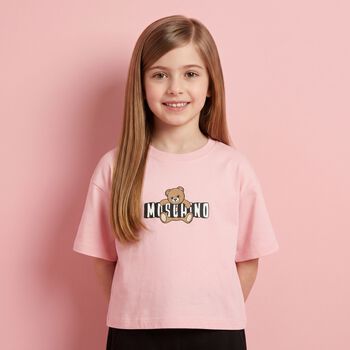 Girls Pink Teddy Bear Logo T-Shirt