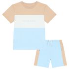 Boys Beige, White & Blue Logo Shorts Set, 1, hi-res