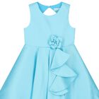 Girls Blue Flower Satin Dress, 1, hi-res