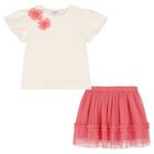 Girls Ivory & Pink Floral Tulle Skirt Set, 3, hi-res