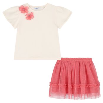 Girls Ivory & Pink Floral Tulle Skirt Set