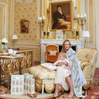 White & Blue Tapestry Brilliant Swaddle Carré Baby Blanket, 1, hi-res